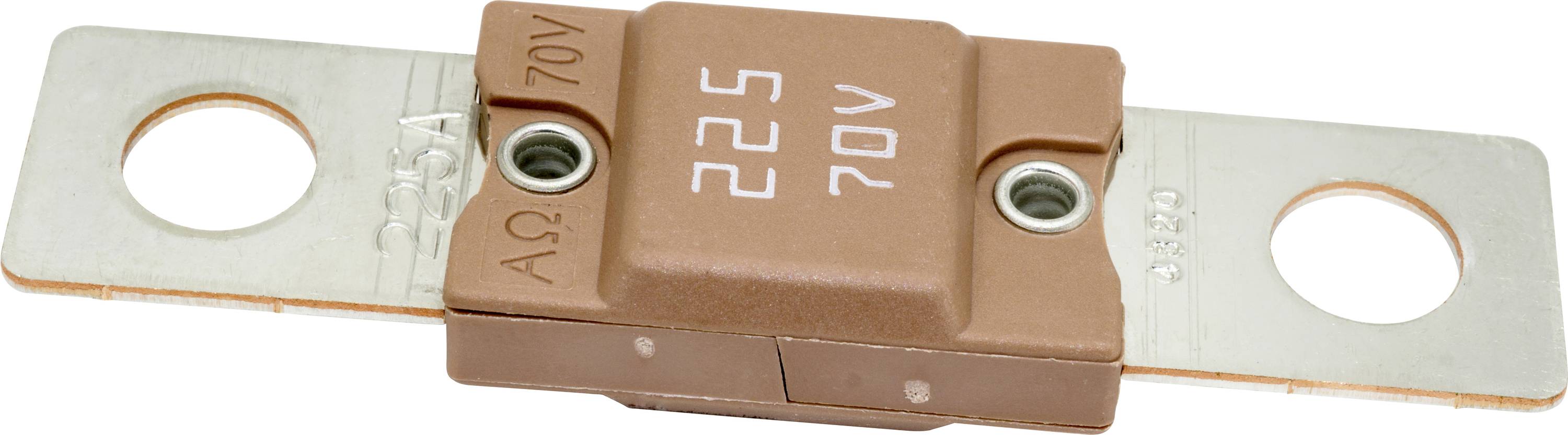 Hnedý elektrický komponent označený '225 70V' s dvoma kovovými pripojovaciemu koncami a otvormi na upevnenie.