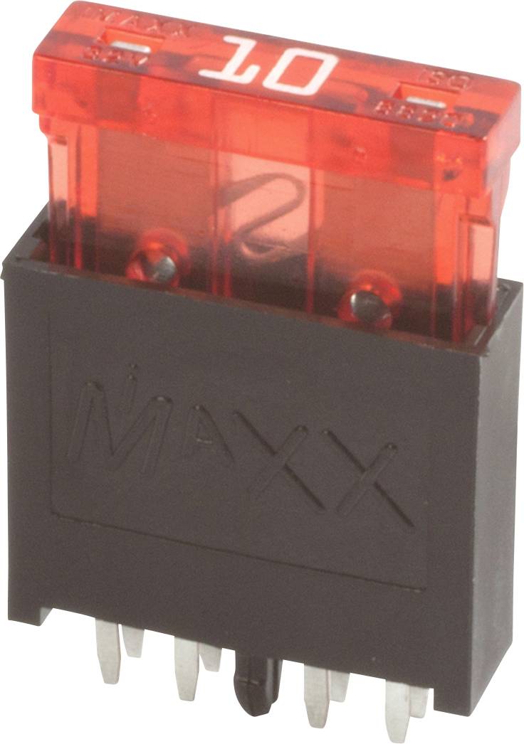 Červená automobilová poistka značky MAXX s označením '10' bielym textom, ktorá indikuje 10-ampérovú hodnotu, používaná pre elektrické obvody.