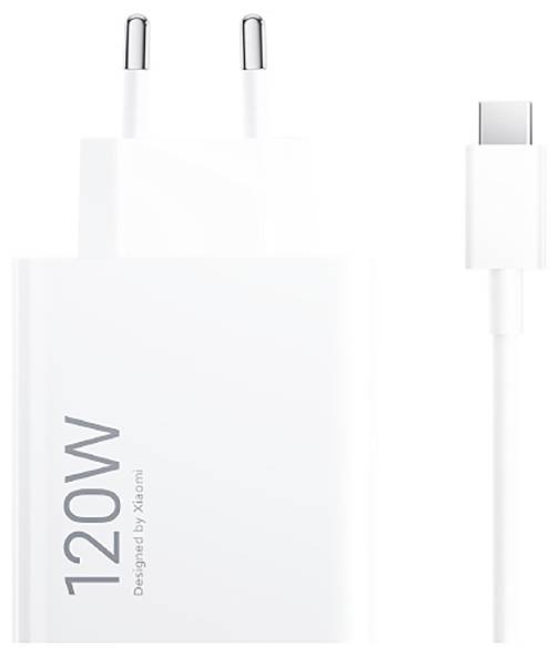 Biela 120W nabíjačka s USB-C káblom, navrhnutá spoločnosťou Xiaomi, s dvoma okrúhlymi kolíkmi pre pripojenie napájania.