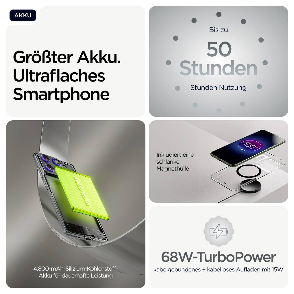 Ultratenké smartphone s "najväčšou batériou" pre až 50 hodín používania. Nabíjací adaptér 68W TurboPower v balení.