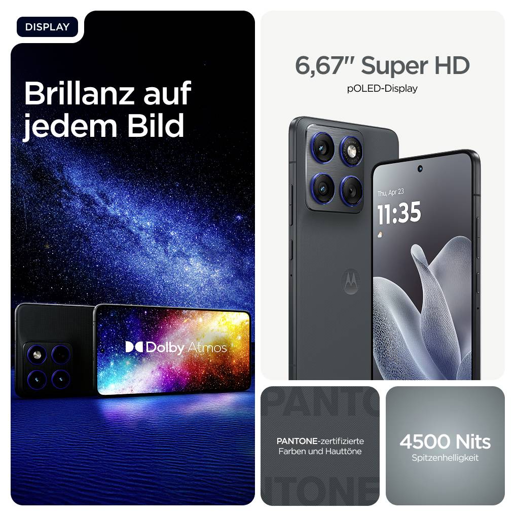 Smartphone s trojitou kamerou, 6,67" Super HD pOLED displej, Dolby Atmos, farby certifikované spoločnosťou Pantone, 4500 Nits jasnosti.