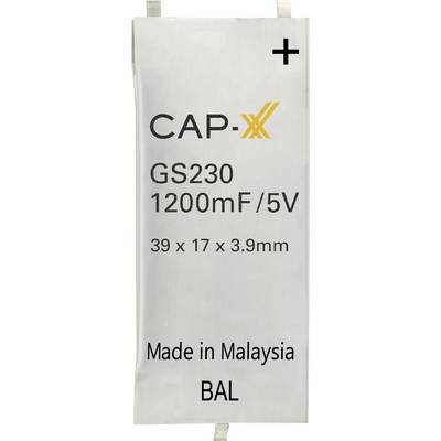 'CAP-XX GS230 1200mF/5V, 39 x 17 x 3,9 mm. Vyrobené v Malajzii.' Superkondenzátor so zobrazenými kladnými a zápornými svorkami.