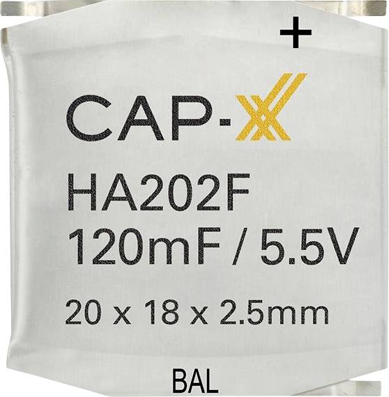 Kondenzátor označený 'CAP-XX HA202F 120mF / 5.5V' s rozmermi '20 x 18 x 2.5mm' a označený 'BAL' v spodnej časti.