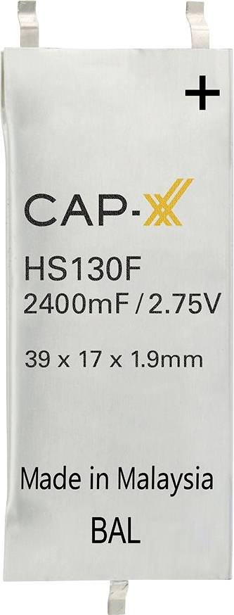 Obdĺžnikový superkondenzátor CAP-XX model HS130F s parametrami 2400mF, 2,75V, rozmermi 39 x 17 x 1,9mm, vyrobený v Malajzii.