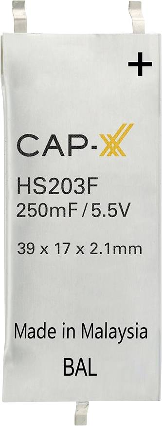 CAP-XX HS203F 250mF/5.5V. Rozmery: 39 x 17 x 2,1 mm. „Vyrobené v Malajzii". Toto je kondenzátor so špecifikáciou a údajmi o pôvode.