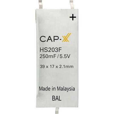CAP-XX HS203F 250mF/5.5V. Rozmery: 39 x 17 x 2,1 mm. „Vyrobené v Malajzii". Toto je kondenzátor so špecifikáciou a údajmi o pôvode.