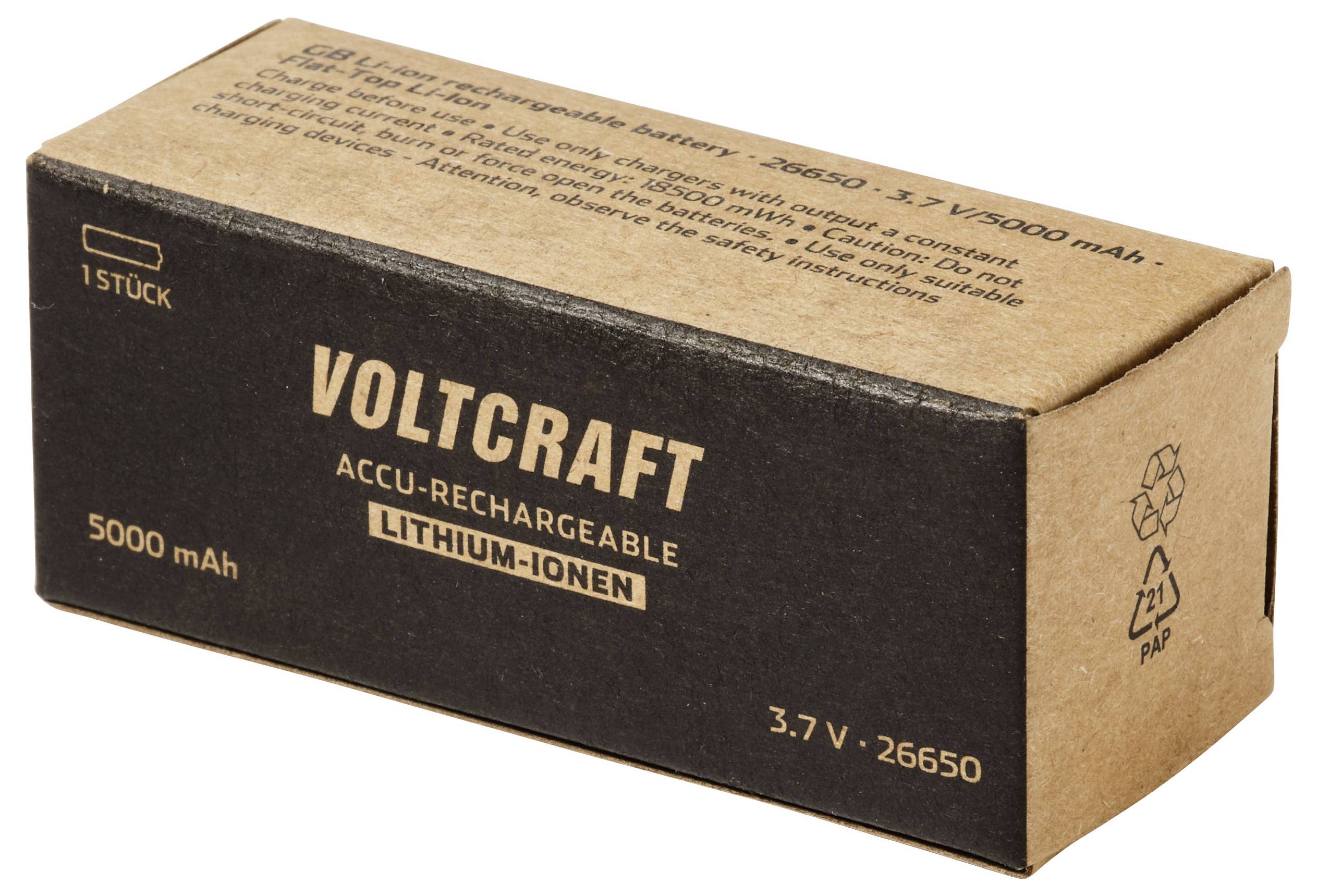 Kartónová krabička pre nabíjateľnú lítiovo-iónovú batériu Voltcraft 3,7V 26650 s kapacitou 5000 mAh a označením „1 Stück".