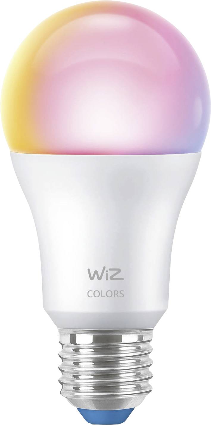 Inteligentná LED žiarovka, zobrazujúca gradient teplých žltých až ružových farieb, s nápisom "WiZ Colors" na jej základni.