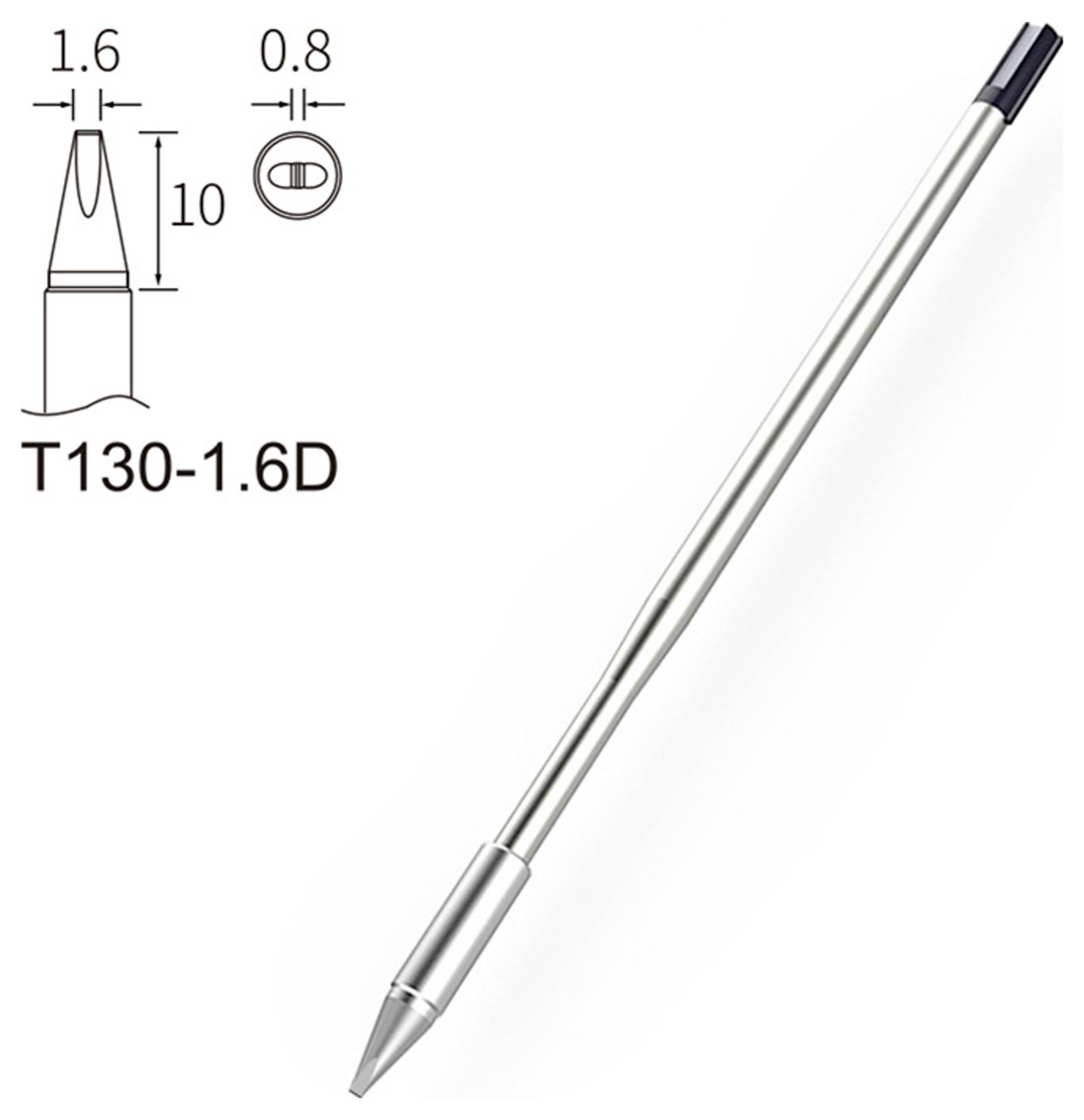 Spájkovací hrot, model T130-1.6D; diagram zobrazuje rozmery: priemer 1,6 mm, dĺžka 10 mm, šírka hrotu 0,8 mm.
