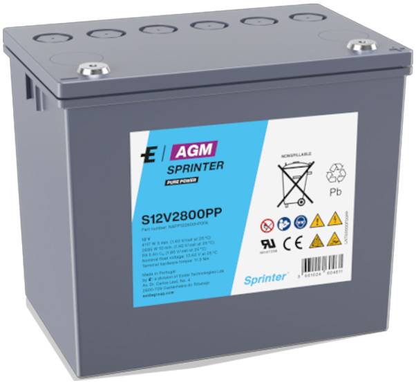 12V AGM akumulátor pre sprintérske vozidlo označený ako 'S12V2800PP', s ikonami recyklácie a bezpečnosti.