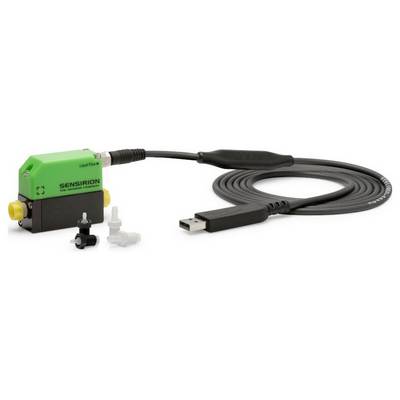Zelený a čierny prietokový senzor značky Sensirion s USB konektorovým káblom a dvomi plastovými fitinkami.