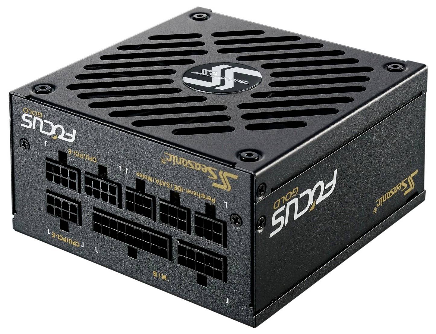 Sieťový zdroj Seasonic Focus Gold s viacerými modulárnymi káblovými pripojeniami a vetrákom na vrchu pre chladenie.
