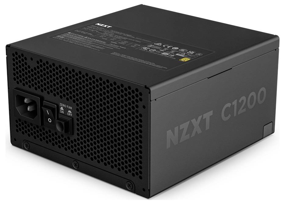Napájací zdroj 'NZXT C1200' s označenými portami a prepínačmi, navrhnutý pre stolové počítače. Čierne kovové puzdro s perforáciami pre ventiláciu.