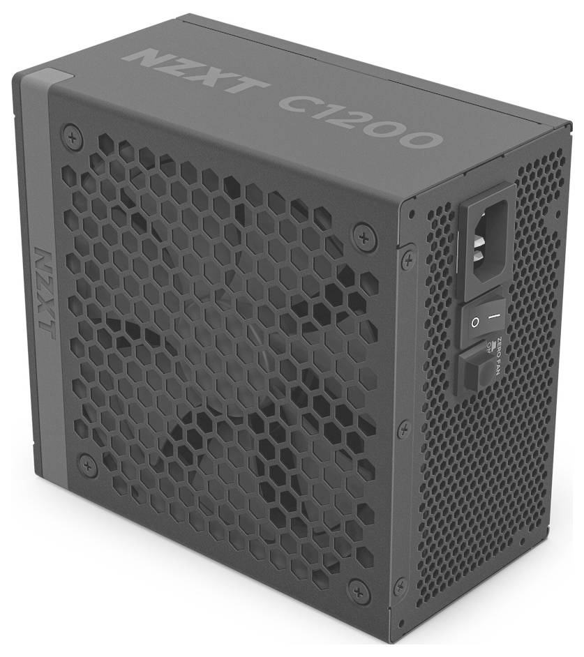 Čierny napájací zdroj NZXT C1200 s hexagonálnym vetracím otvorom, hlavným vypínačom a vstupmi pre káble na bočnej strane určený pre zostavenie počítača.