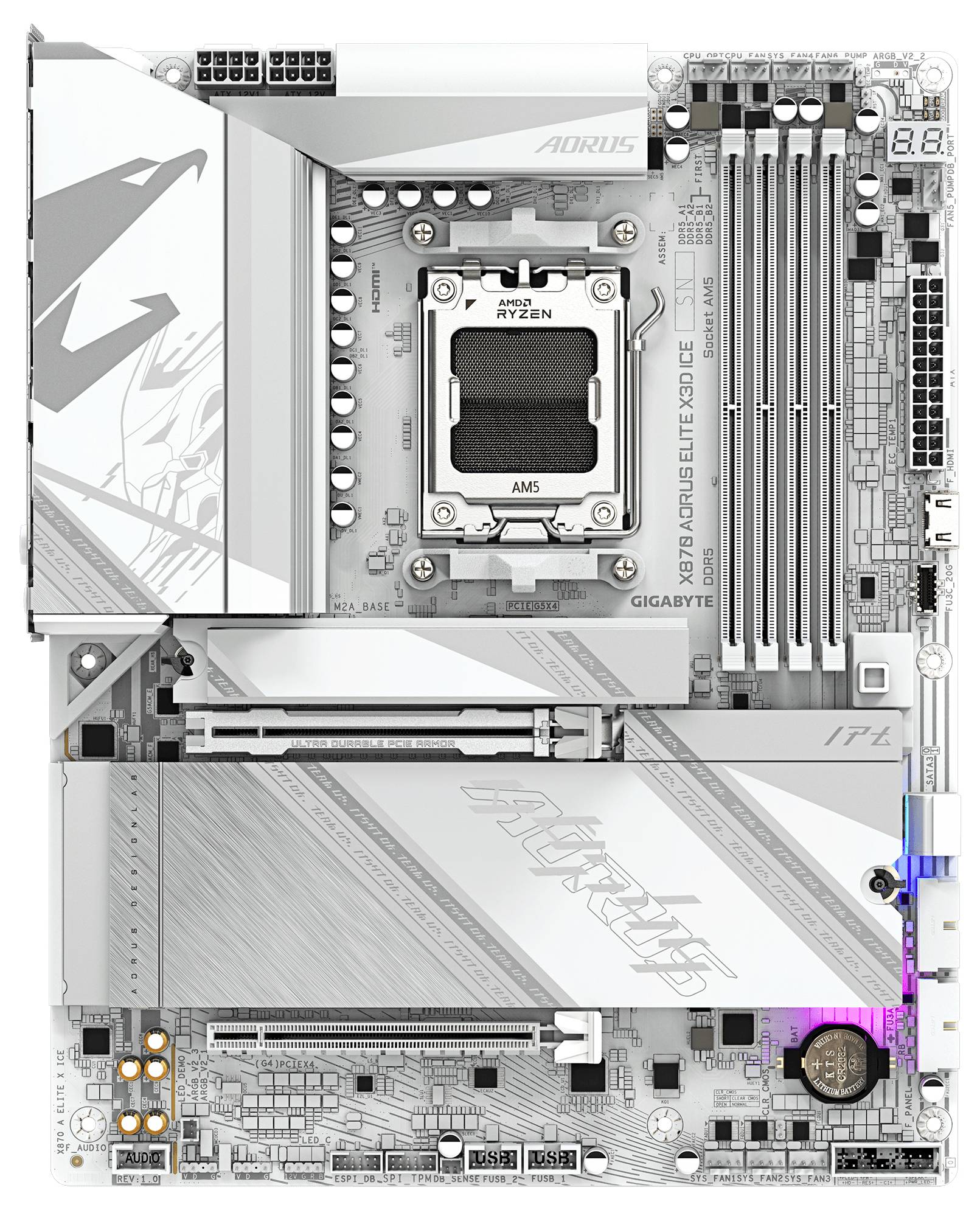 Strieborná základná doska Gigabyte Aorus Elite AX B650 pre procesory AMD Ryzen, s viacerými slotmi pre RAM a PCIe rozširujúcimi slotmi, ktorá vyniká rozvinutou konektivitou.