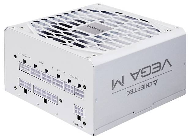 Biely napájací zdroj série Chieftain VEDA M s viacerými konektormi. Navrhnutý pre efektívny výkon v počítačových systémoch.