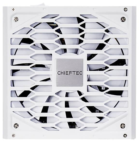 Biely počítačový chladiaci ventilátor so štvorcovou mriežkou a logom značky 'CHIEFTEC' umiestneným v strede.
