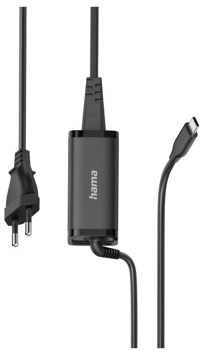 Čierny napájací adaptér Hama s európskym zástrčkovým systémom a konektorom USB-C, vhodný na nabíjanie elektronických zariadení.