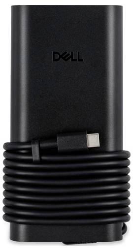 Čierny napájací adaptér Dell s navlečeným USB-C káblom, ktorý je poriadne a čisto zvinutý.