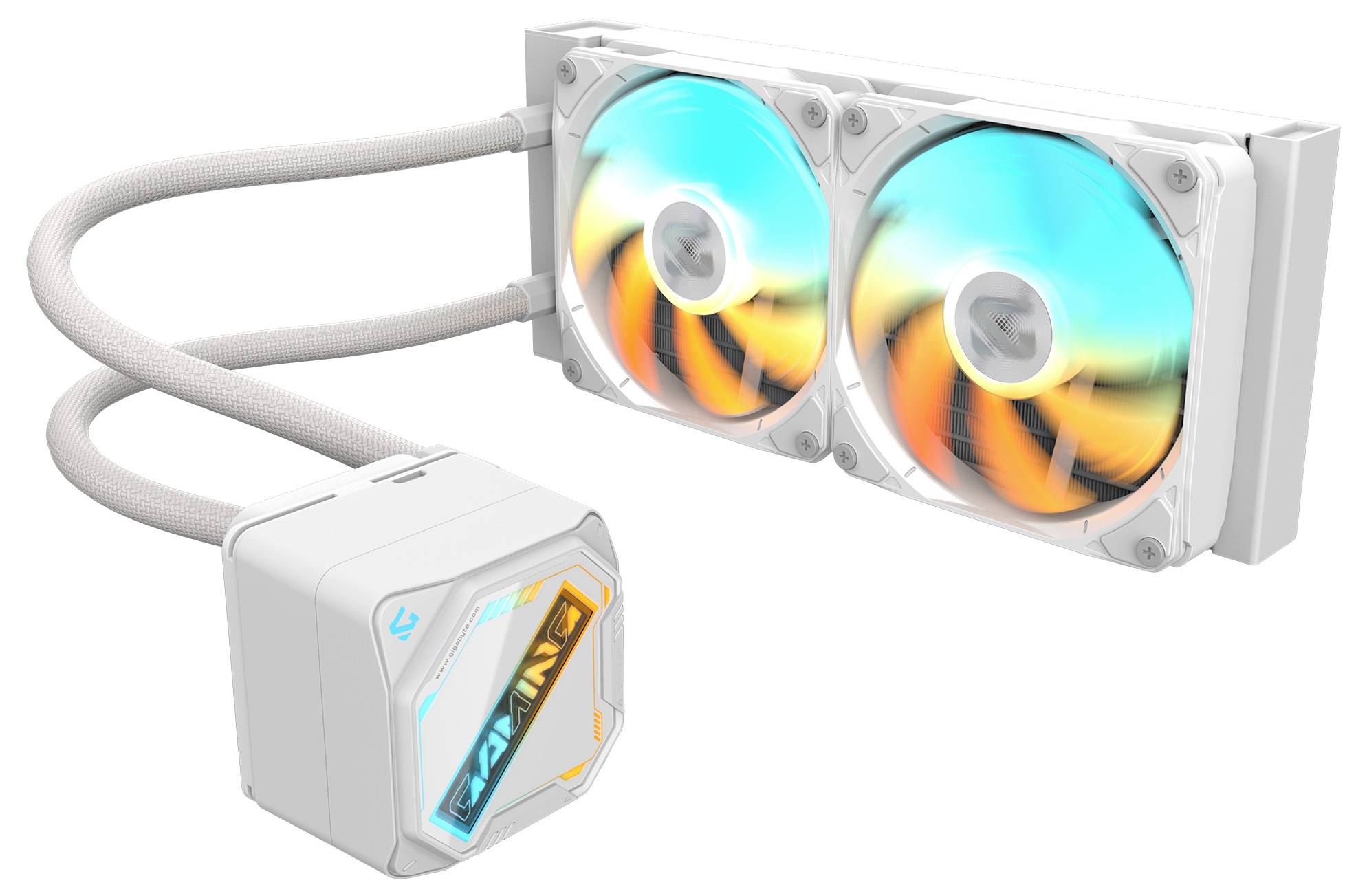 Biely CPU kvapalinový chladič s dvoma ventilátormi a RGB podsvietením. Ventilátory a čerpadlo sú prepojené flexibilným potrubím, čím vytvárajú moderný technologický vzhľad.