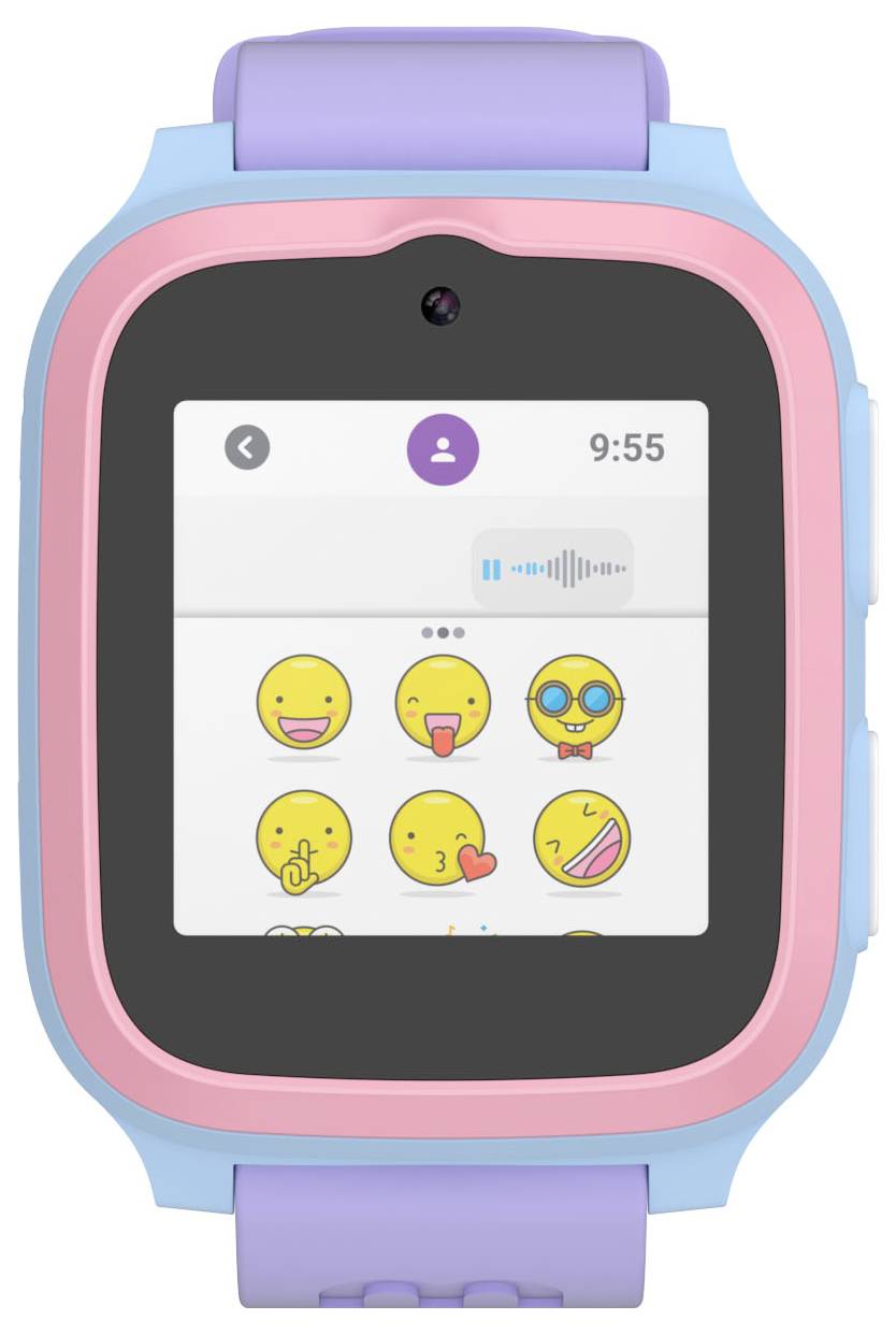 Inteligentné hodinky s farebným remienkom zobrazujú obrazovku s rôznymi ikonami emoji, zvukovou vlnou a časom '9:55'.