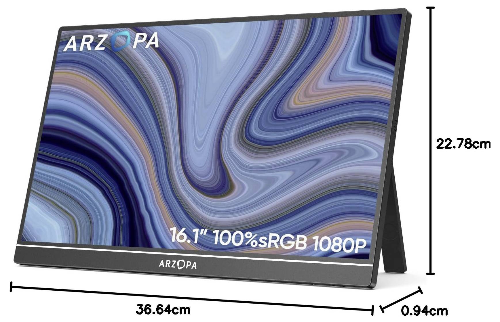 Prenosný monitor s 16,1-palcovou 1080p obrazovkou, zobrazujúci modrý a oranžový abstraktný dizajn. Rozmery: 36,64 cm x 22,78 cm x 0,94 cm.