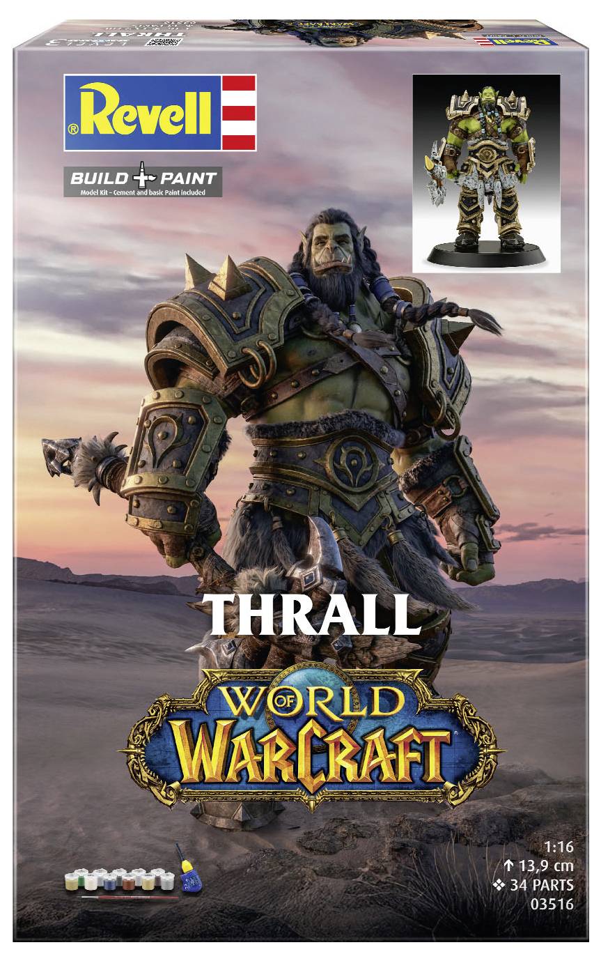Revell stavebnica modelu a maľovania Thralla z World of Warcraft. Obsahuje 34 dielov, po zostavení meria 13,9 cm. Na krabici je zobrazený obrázok Thralla.