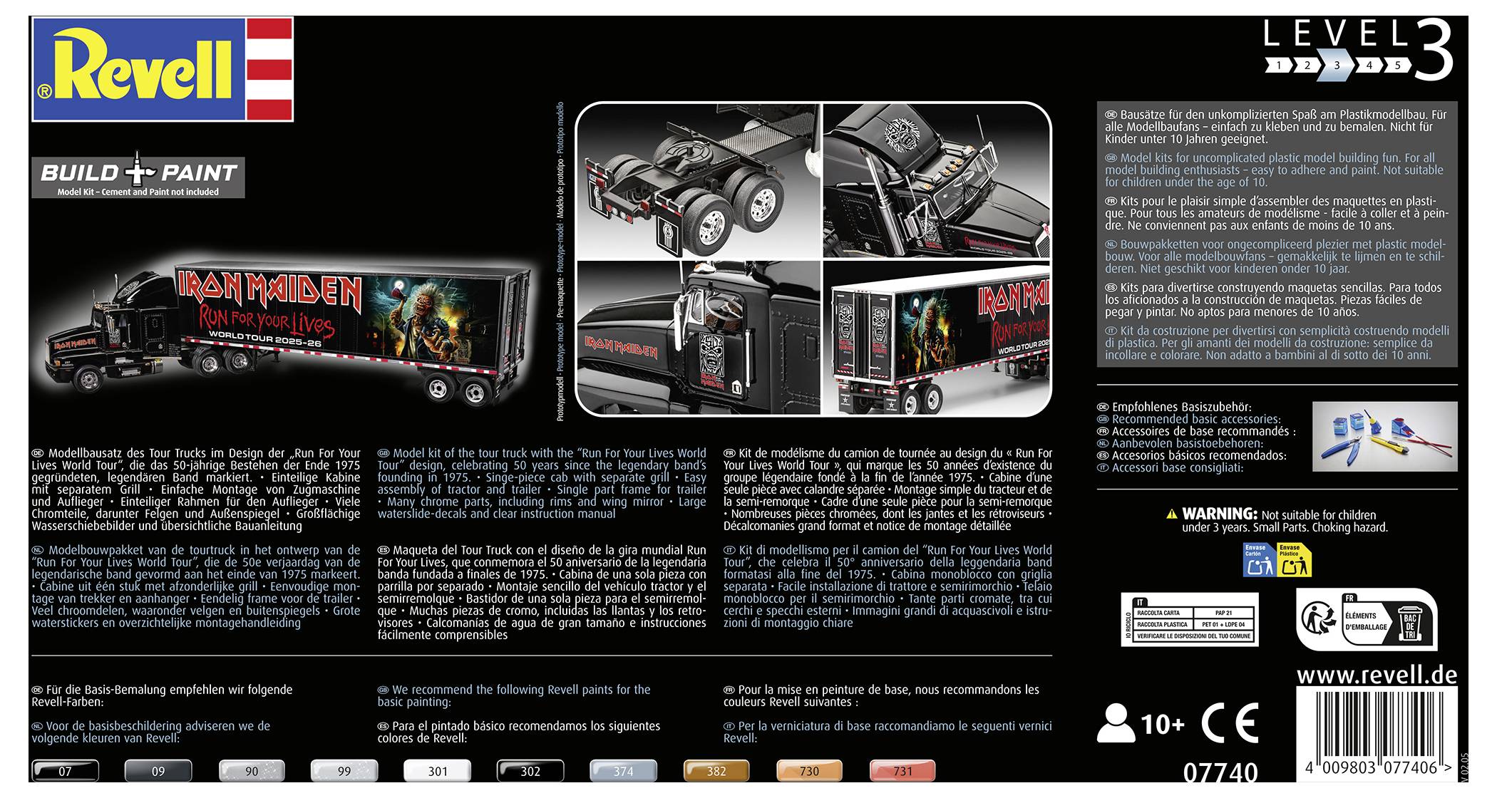 Modelová súprava Revell zobrazujúca nákladné auto s témou Iron Maiden, obsahujúca detailné obrázky dizajnu vozidla a montážne inštrukcie.