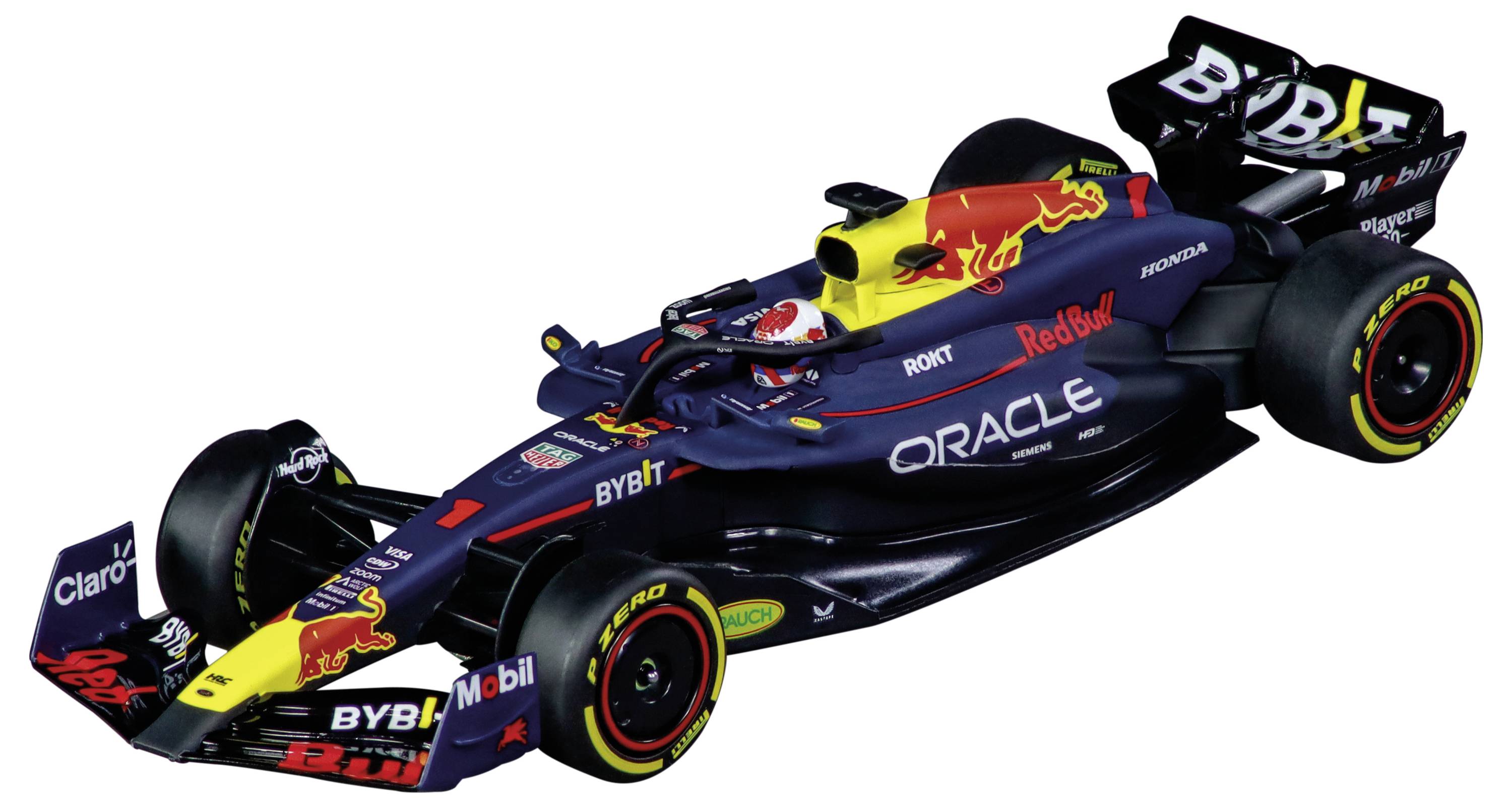 Pretekárske auto Formuly 1 v dizajne tímu Red Bull, s výraznými sponzormi ako Oracle a Mobil, zaparkované na rovnom povrchu.