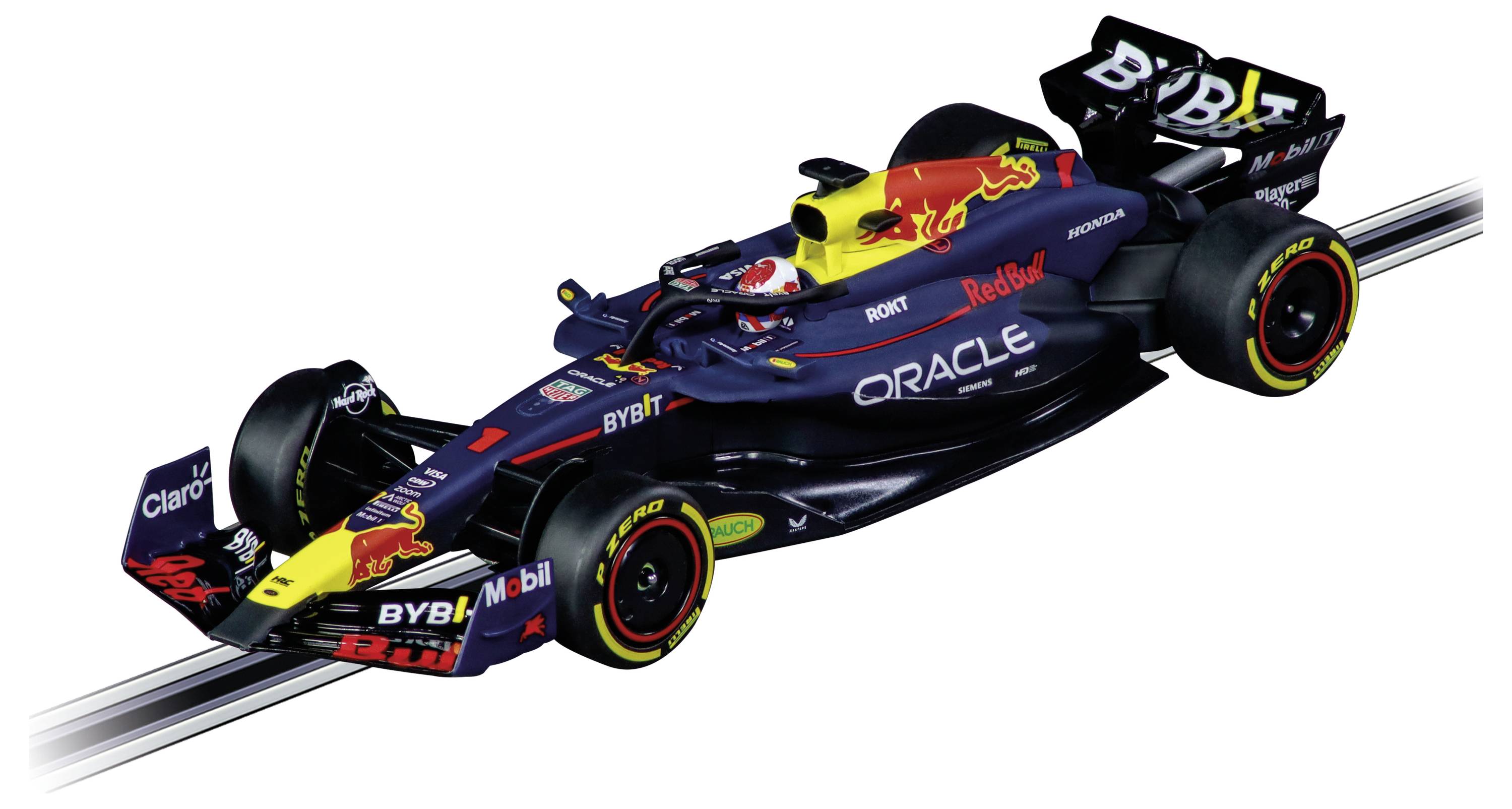 Pretekárske auto Formuly 1 so sponzorskými logami vrátane Oracle a Red Bull, vyznačujúce sa elegantnným aerodynamickým dizajnom a sýtymi farbami na okruhu.