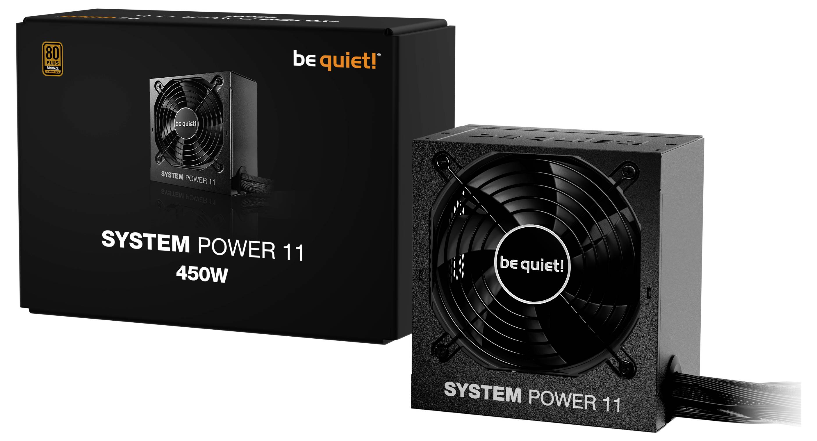 Napájací zdroj 'Be Quiet! System Power 11 450W' zobrazený so svojím obalom. Medzi funkcie patria certifikácia 80 PLUS a chladenie ventilátorom.