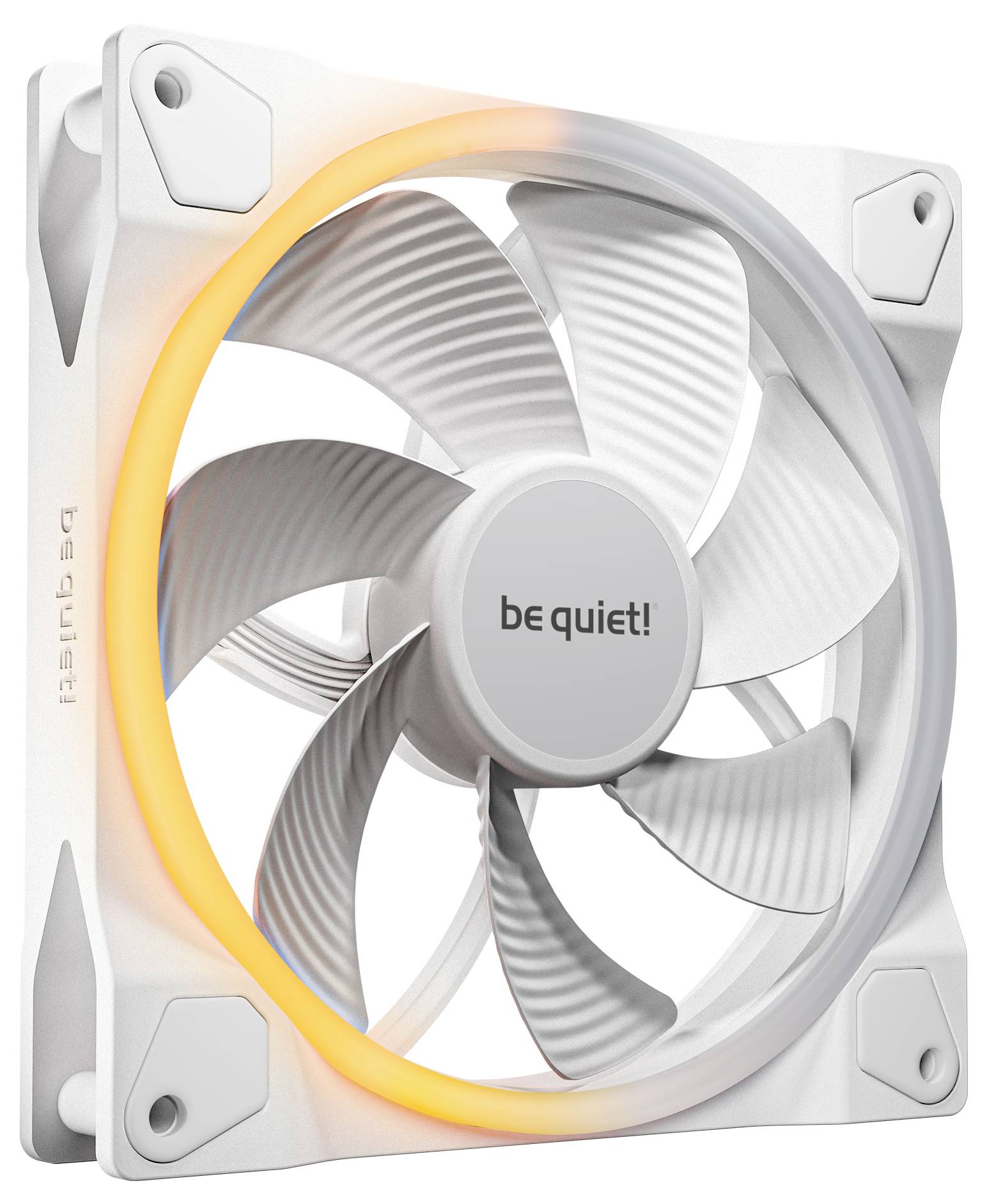 Biely počítačový ventilátor s kruhovým LED svetlom, v strede označený nápisom 'be quiet!', navrhnutý na chladenie počítačových komponentov.