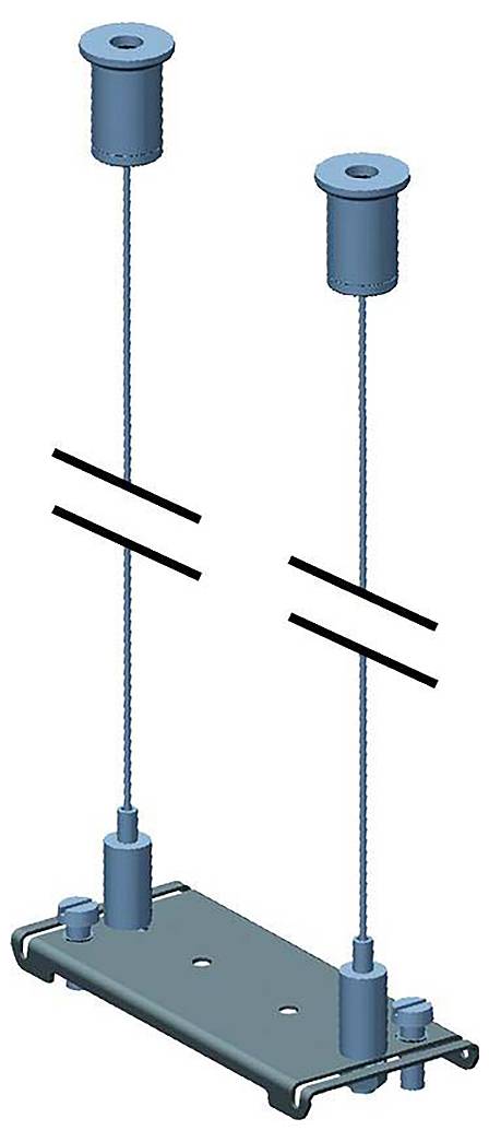 Diagram pulleyového systému s dvoma kladkami a lanami pripevnenými na obdĺžnikovú základňu, ktorý ilustruje základné mechanické princípy.