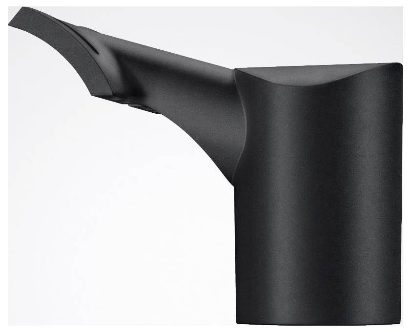 Elegantný, moderný čierny vodný kohútik s minimalistickým dizajnom, ktorý vykazuje zakrivený výtok a valcovú základňu na jednofarebnom pozadí.
