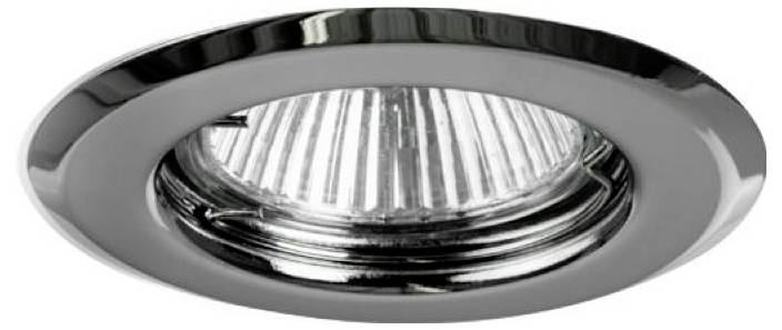 Chróm zabudovaný stropný svetelný prvok s reflexným okrúhlym krimpom a priehľadným žliazaným sklom žiarovky.