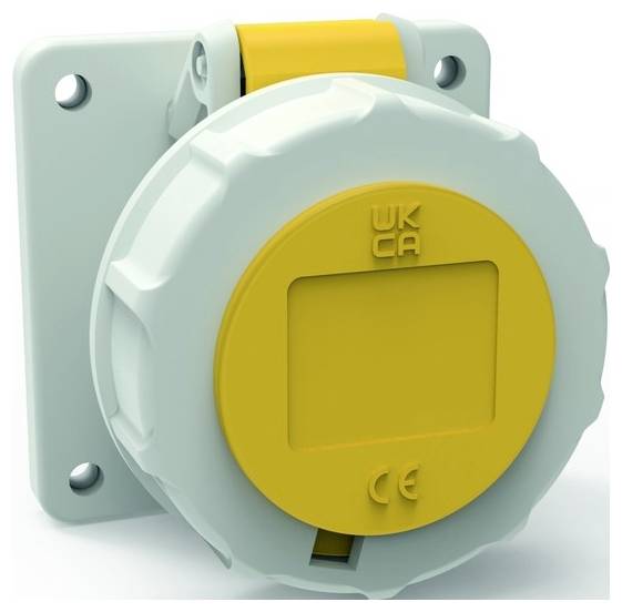 Žltý priemyselný kryt zásuvky s vyvýšenými písmenami „WK CA" a „CE", namontovaný na svetlosivej základni s obdĺžnikovým plechom.