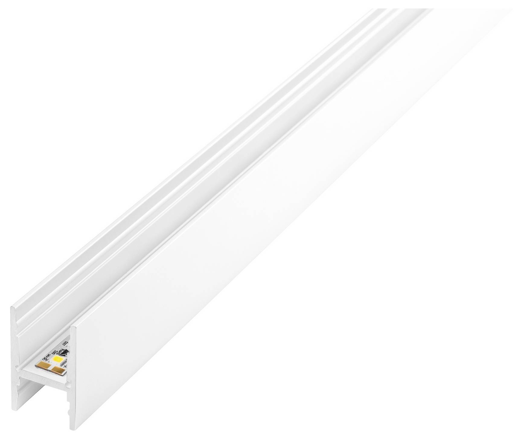 Biely LED hliníkový profilový kanál, ktorý je určený na držanie LED pásových svetiel, s otvoreným drážkou a viditeľným vnútorným priestorom na inštaláciu svetla.