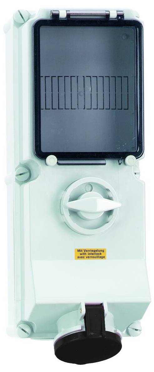 Elektrický panel s rotačným spínačom a priehľadným krytom, zobrazujúci priemyselný mechanizmus zapnutia/vypnutia.
