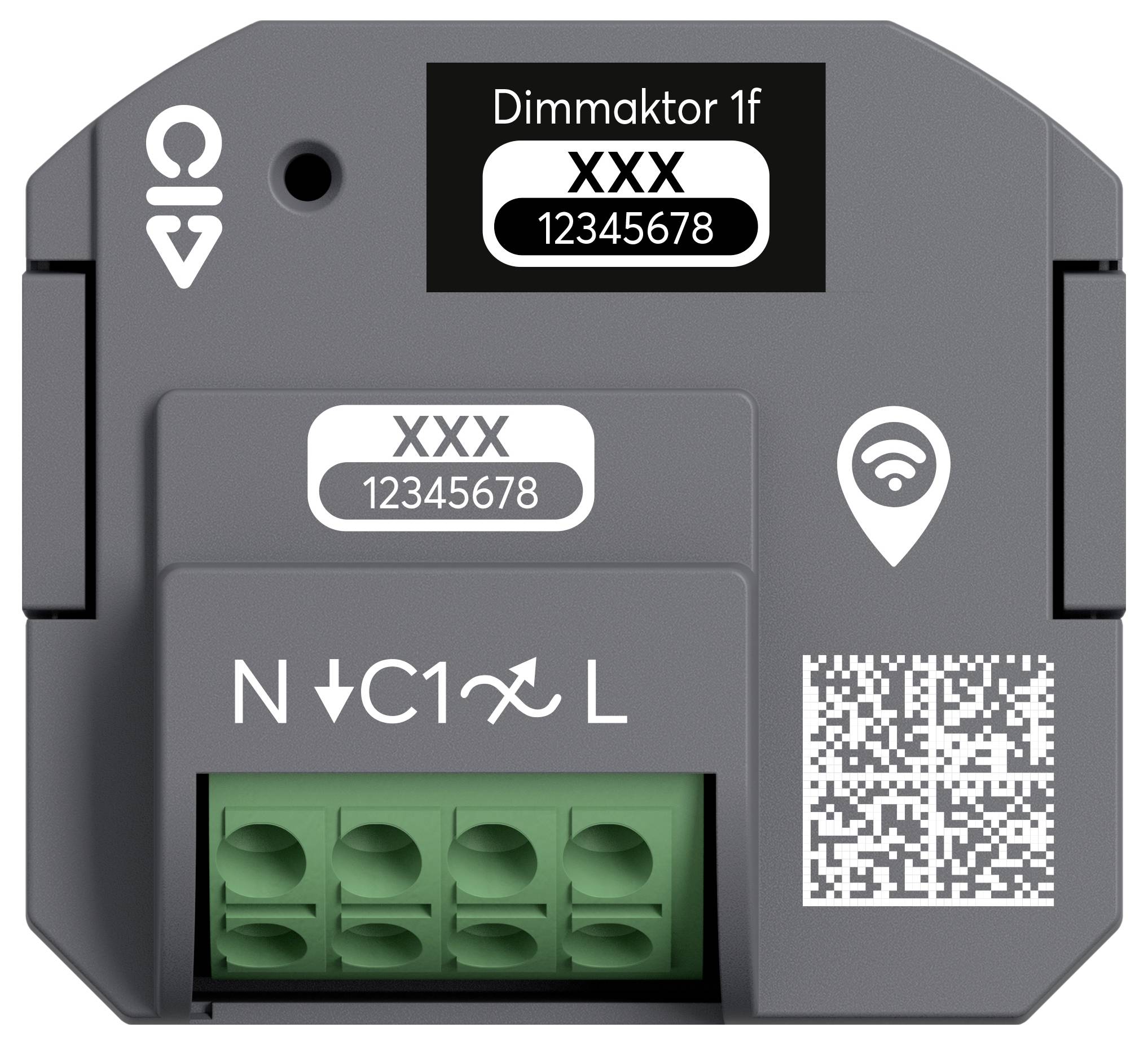 Zariadenie "Dimaktor 1f" s QR kódom, symbolom Wi-Fi a štítkami vedení "N", "C" a "L". Sériové číslo "XXX 12345678".