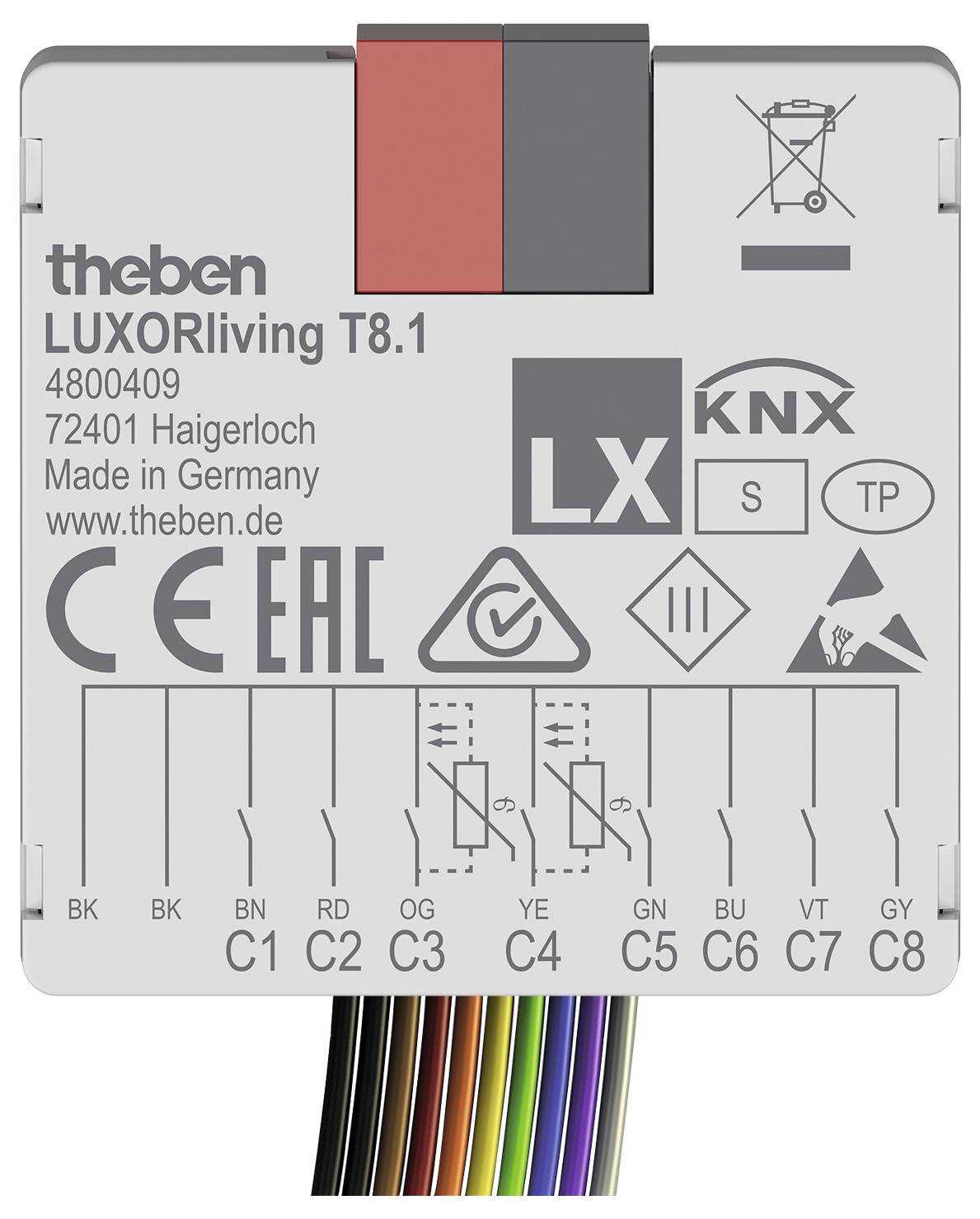 Zariadenie Theben LUXORliving T8.1 s viacerými prípojnými portami; obsahuje označenia „CE", „EAC", vyrobené v Nemecku a certifikačné loga KNX.