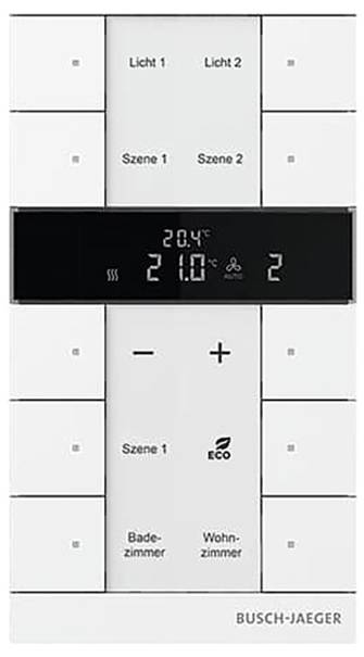 Ovládací panel Busch-Jaeger na stenu s tlačítkami na osvetlenie a scény. Centrálny displej zobrazuje teplotu "20,4°C" a ďalšie nastavenia.