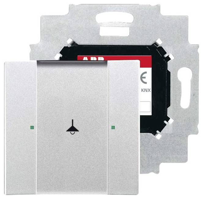 Nástenný prepínač 'ABB' s minimalistickým dizajnom, so symbolom lampy. Vhodný na ovládanie svetiel. Vrátane montážnej platne.