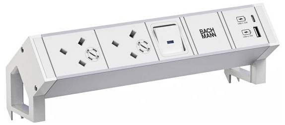 Biely napájací pás s dvoma austrálskymi zásuvkami, vypínačom a dvoma USB portami, z ktorých jeden je Type-C, určený na použitie na pracovnom stole.