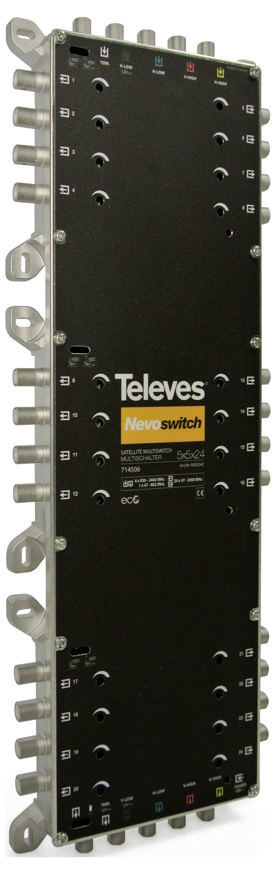 Viacportový prepínací prístroj s viacerými portami a prepínačmi, používaný na distribúciu satelitných signálov na rôzne výstupy. Model: Televes Nevoswitch.