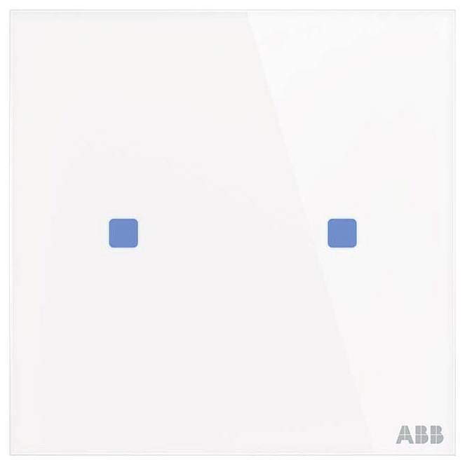 Biely dvoj-tlačidlový svetelný spínač s modrými štvorcovými tlačidlami. Logo ABB je v pravom dolnom rohu.