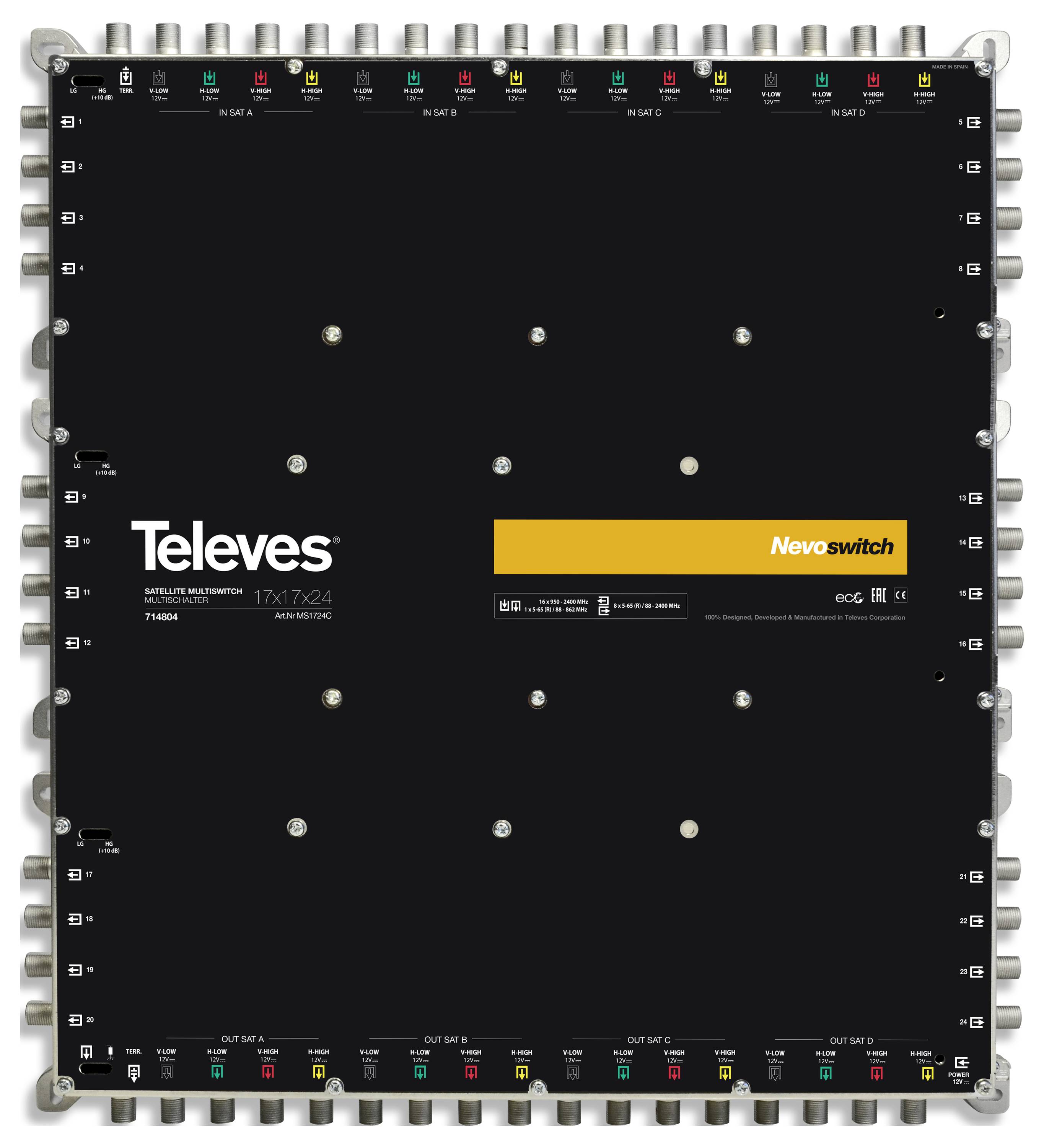 Televes Nevoswitch 17x17x24 multispínač s rôznymi portmi na distribúciu satelitného signálu, vybavený vstupnými a výstupnými konektormi na paneli.