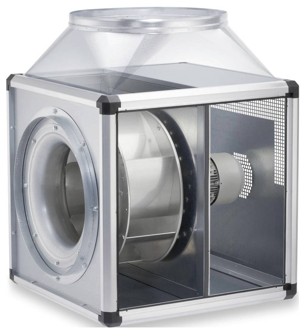 Priemyselný ventilátor umiestnený v priehľadnom štvorcovom kovovom ráme, zobrazujúci motor a lopatky, vhodný pre ventilačné systémy.