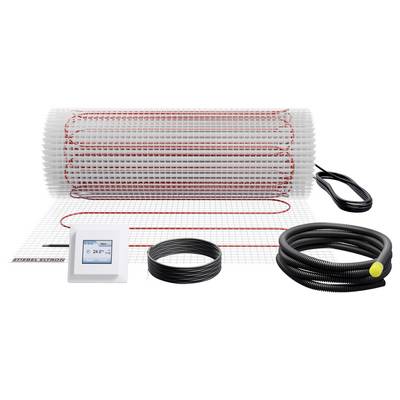 Systém elektrického podlahového vykurovania s rolovanou vykurovacou rohožou, termostatom zobrazujúcim '24°C' a elektrickými komponentmi na pozadí so sieťovým vzorom.