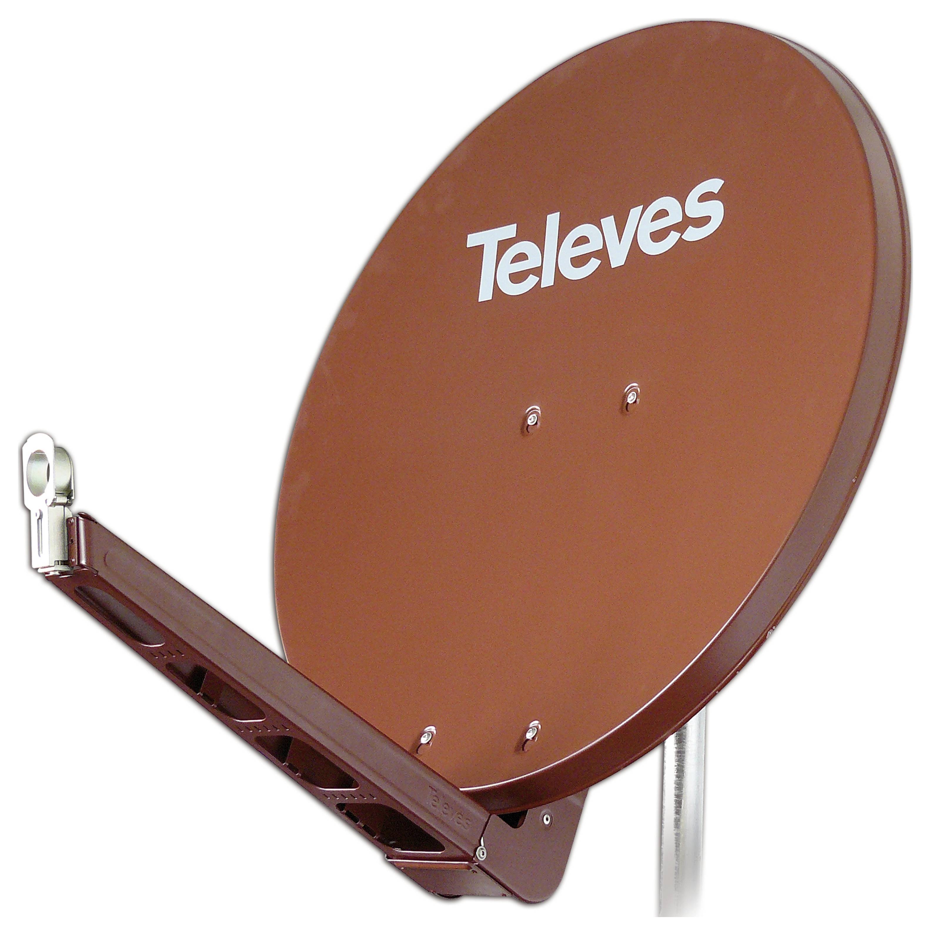 Satelitná anténa označená „Televes", namontovaná a naklonená smerom nahor, používaná na príjom TV vysielaní.