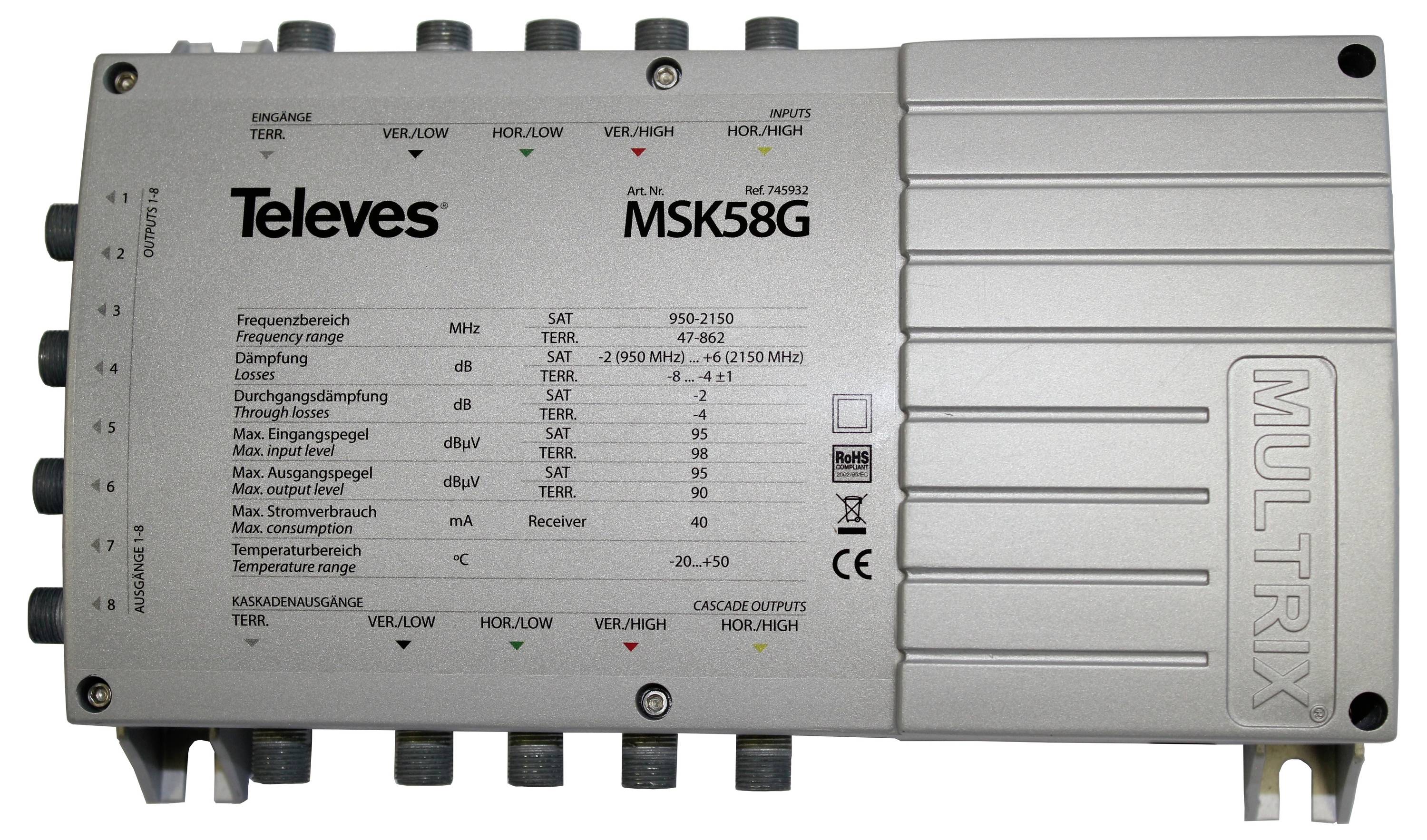 Televes MSK58G multiswitch, model 715202, spracúva 4 satelitné vstupy, s funkciami vrátane frekvenčného rozsahu, podrobnosti o stratách a prioritu.